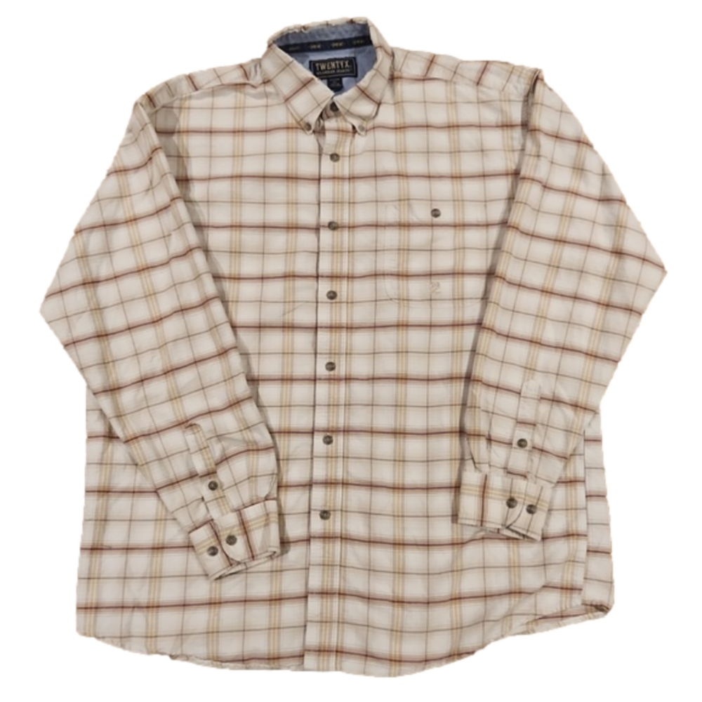 3/$20 Twenty X By Wrangler Cream & Brown Plaid Western Button-Up